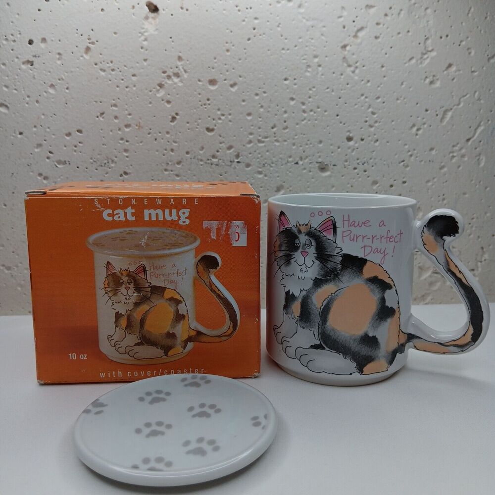 Vintage Stoneware Cat Mug w/Lid 10 Oz New Old Stock